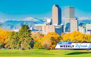 Downtown Denver’s skyline with fall leaves in the foreground.