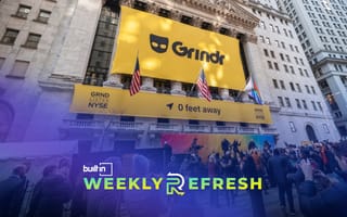 A banner with Grindr’s name and logo on the New York Stock Exchange Building