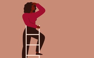 Illustration of a Black woman with natural hair wearing pants and a red top standing on top of a ladder, looking into the distance