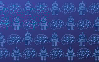 Brain icons and robot icons in an alternating pattern against a blue background