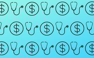 Graphics of stethoscope and a dollar sign on a yellow background
