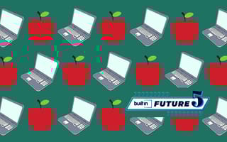 apples and laptops against a green background