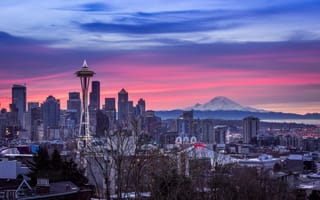 The Seattle skyline at sunrise.