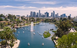 Aerial view of Echo Park with downtown Los Angeles skyline
