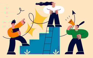 Illustration of three colorful figures climbing a staircase