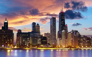 The Chicago skyline during sunset