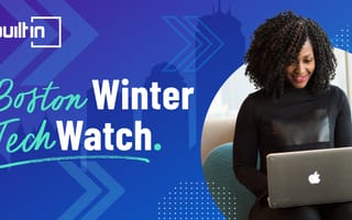 ​ custom builtin banner for built in boston's winter tech watch, with a blue background, city silhouette and a person working on a laptop ​