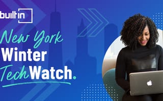 A woman sits with a laptop in front of an abstract design and the New York skyline. Text reads "Built In New York Winter Tech Watch."