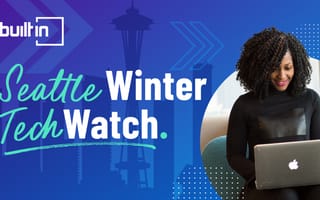 A woman with a laptop in an image circle against a silhouette of Seattle's skyline as a backdrop. The Built In Logo is in the top left corner, and beneath it reads "Seattle Winter Tech Watch"