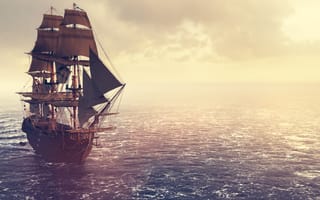 A rendering of a pirate vessel on the ocean
