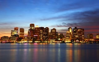 The Boston skyline at nightfall.