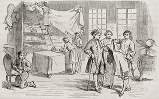 old style greyscale illustration of an old European style clothing store