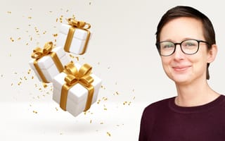 Give InKind's founder and CEO Laura Malcolm poses for a photo against a gift box background.