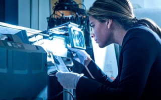Two engineers discuss the contents of a computer monitor at an aerospace lab