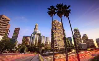 A street-level view of the Los Angeles skyline