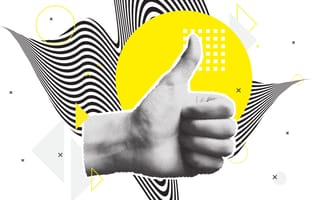Photo collage of a hand giving thumbs up in front of a yellow circle and striped wavy background.