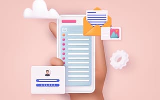 An illustration of a hand holding a tablet with pop-ups of an email and video call