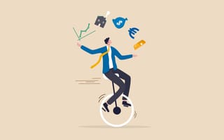 A person on a unicycle juggles a collection of business-related icons including a graph and a euro symbol