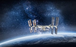 The International Space Station orbiting around Earth.