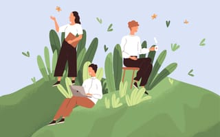 An illustration of three office workers working in a field filled with butterflies