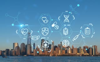 The NYC skyline with health care symbols.
