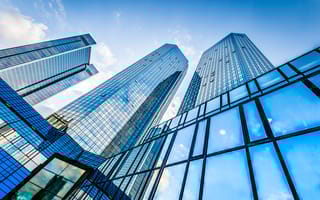 A ground-level shot of high-rise buildings