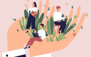 Two hands hold three people surrounded by plants