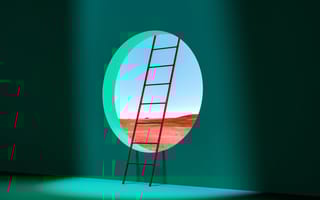 Rendering of a dark room with a portal into a vivid outside world with a ladder to climb out.