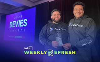 DevZero's co-founders onstage accepting their DEVIES award.
