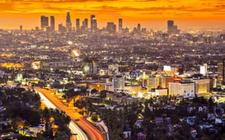 The LA skyline at sunset