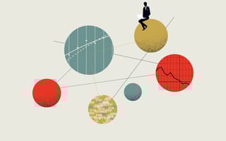 vector image of person sitting among planet-shaped financial graphs and illustrations