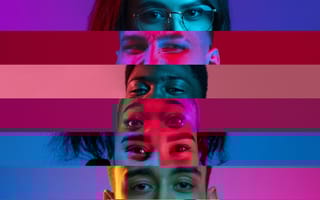 Photos of five faces stacked on top of each other so only eyes are showing, with color overlays for each