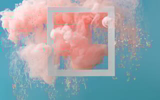 An abstract photo of pink smoke on a blue background and a white frame.