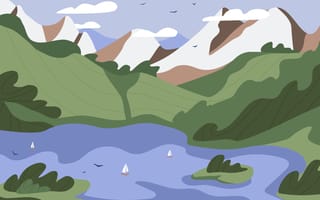 An illustration of a stream passing scenically past mountains