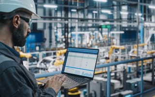 Photo of a warehouse worker using a laptop.