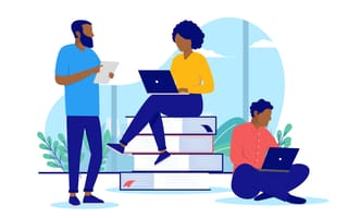 Colorful graphic of three people in an open office, walking around and working on the stairs and floor.