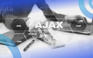 AJAX image of a person working on a laptop and using a smart phone. There is a text overlay that says AJAX along with the different key components including CSS, HTML, and XM