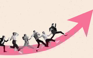 Graphic and photo mix of people running along a curved arrow