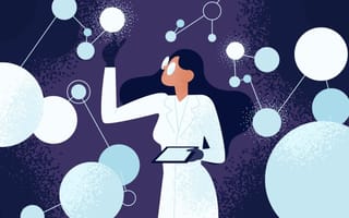 An illustration of a woman in STEM holding at tablet and working with different data points.