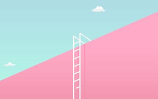 Graphic illustration of a white ladder with a broken rung ascending over a pink wall with a blue sky in the background.
