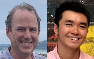 Payscore founders Mark Fiebig (left) and Stephen Arifin (right) pose for photos.