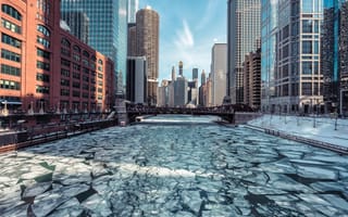 Chicago river and skyline during the winter.