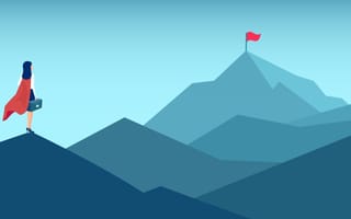 An illustration of a woman staring at a flag atop a mountain