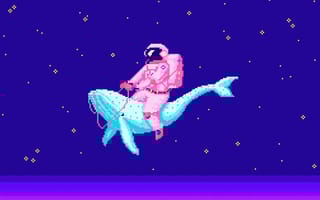 8-bit graphic of an astronaut floating on a whale in space.