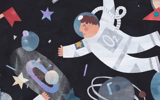 A watercolor illustration of a space scene with two astronauts depicted among celestial bodies