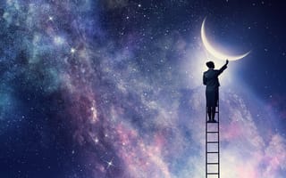 A mixed media image of a woman climbing a ladder to touch the moon.
