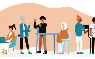 A diverse group of people working together and sharing ideas.
