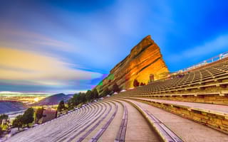 An empty Red Rocks Amphitheatre at dusk.