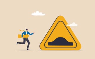 Illustration of a man running with an arrow toward a large triangular caution sign