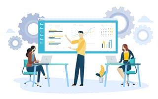 Illustration of three office workers looking at a screen with charts and graphs